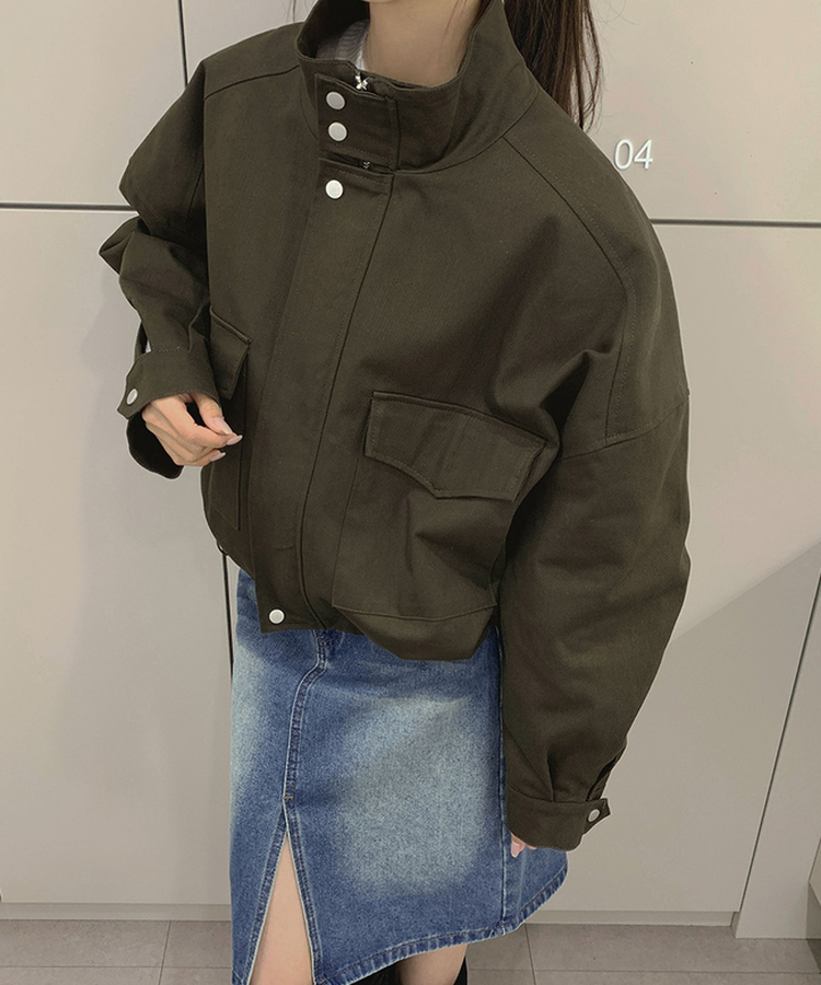 하이넥 단추 지퍼 야상 스트링 자켓 카키