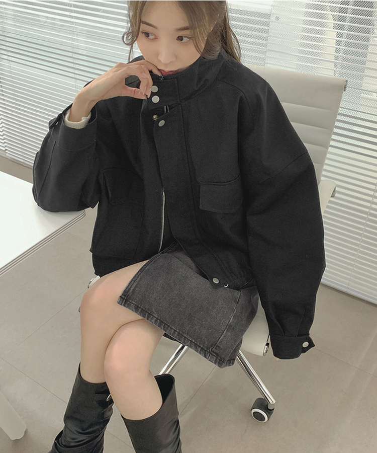 하이넥 단추 지퍼 야상 스트링 자켓 블랙