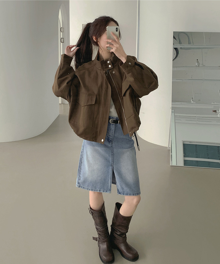 하이넥 단추 지퍼 야상 스트링 자켓 브라운