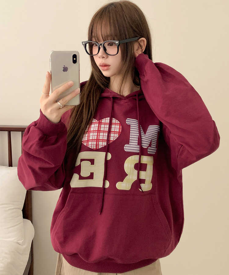 ハートチェックフードパーカー WINE