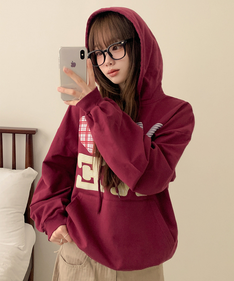 ハートチェックフードパーカー WINE