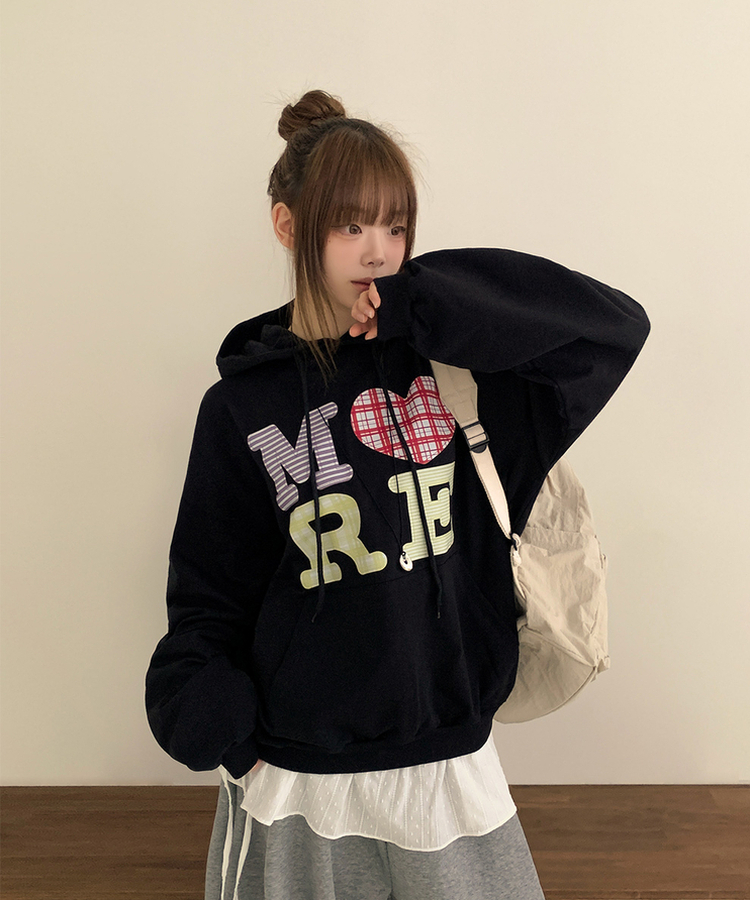 ハートチェックフードパーカー BLACK