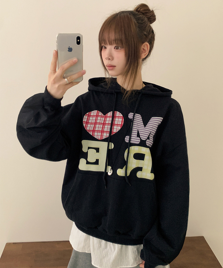 ハートチェックフードパーカー BLACK