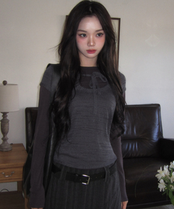 リボンシャーリングレイヤードTシャツ BLACK