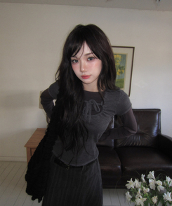 リボンシャーリングレイヤードTシャツ BLACK