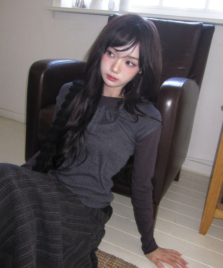 リボンシャーリングレイヤードTシャツ BLACK