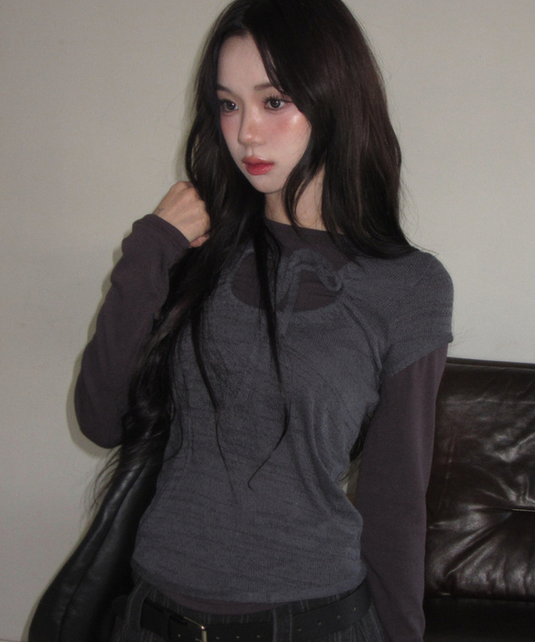 リボンシャーリングレイヤードTシャツ BLACK