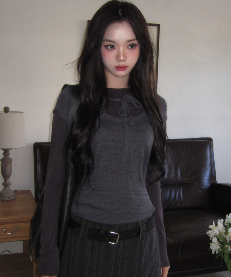 リボンシャーリングレイヤードTシャツ BLACK