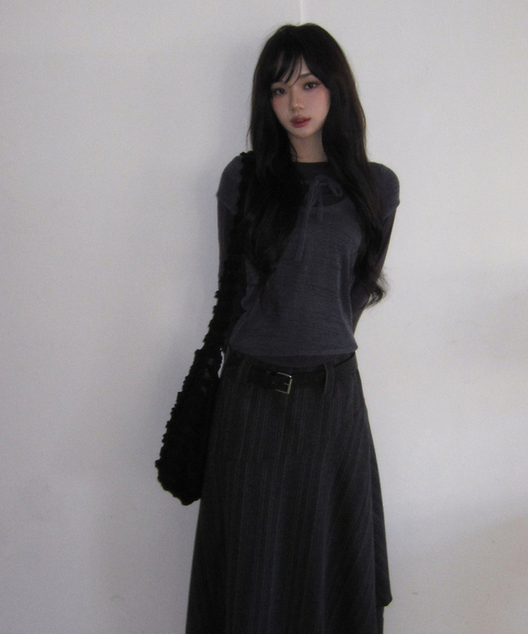 リボンシャーリングレイヤードTシャツ BLACK