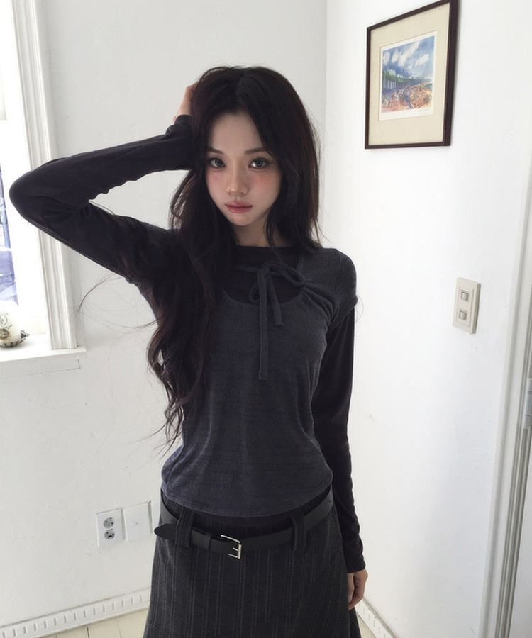 リボンシャーリングレイヤードTシャツ BLACK