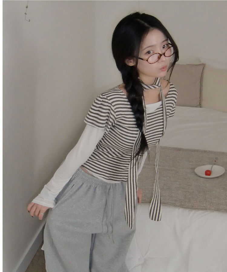 렌즈 스트라이프 펀칭 퍼프소매 반팔 티셔츠 타이 세트 브라운