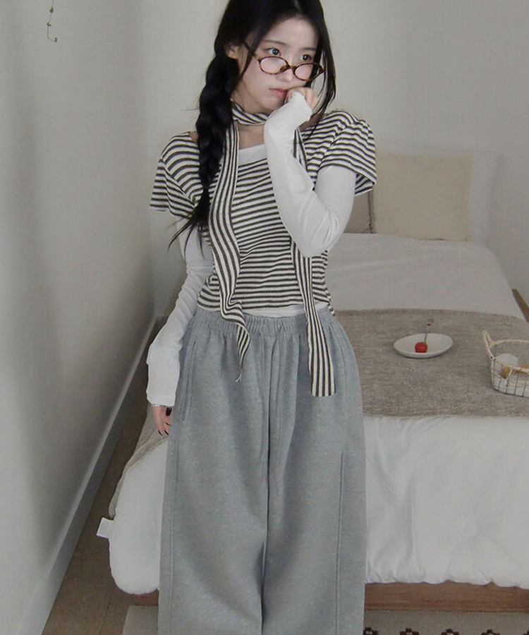 렌즈 스트라이프 펀칭 퍼프소매 반팔 티셔츠 타이 세트 브라운