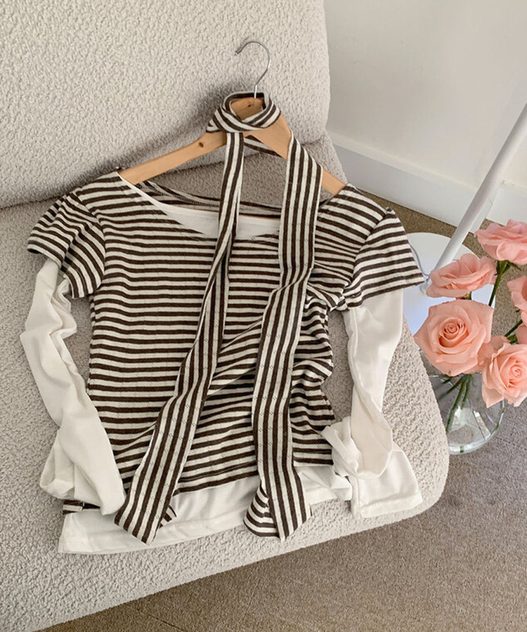 렌즈 스트라이프 펀칭 퍼프소매 반팔 티셔츠 타이 세트