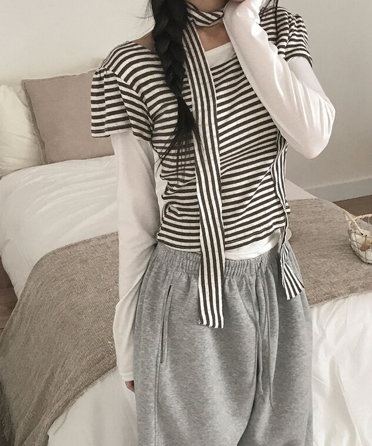 렌즈 스트라이프 펀칭 퍼프소매 반팔 티셔츠 타이 세트 브라운