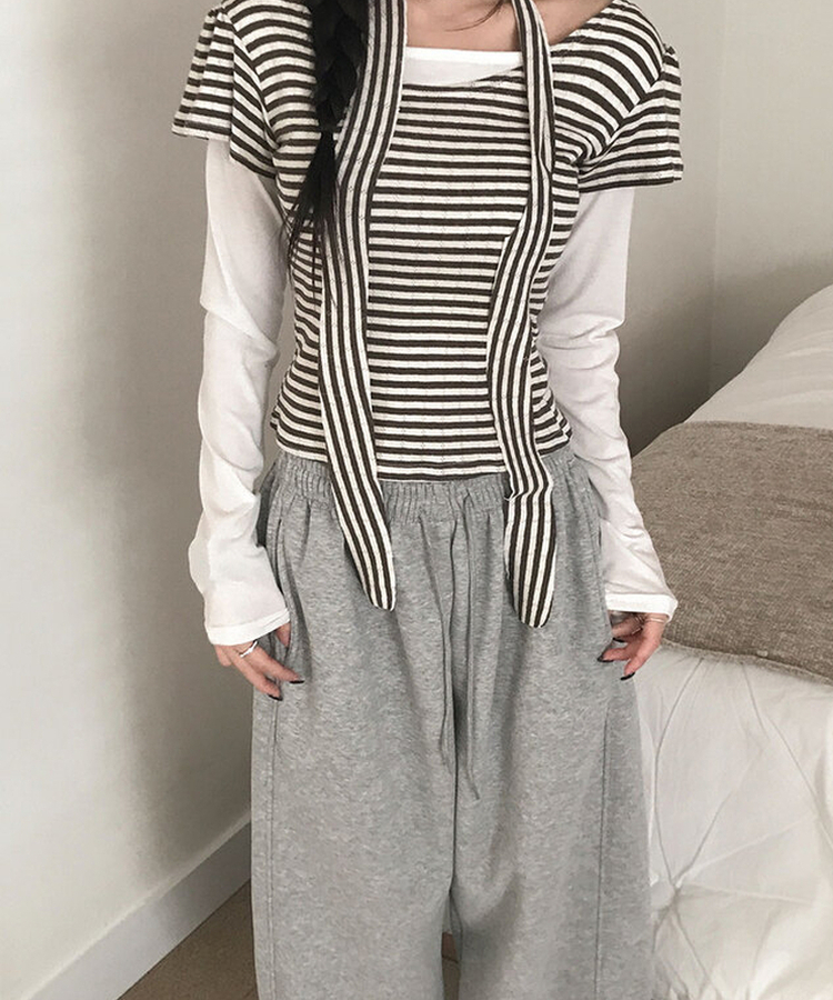 렌즈 스트라이프 펀칭 퍼프소매 반팔 티셔츠 타이 세트 브라운