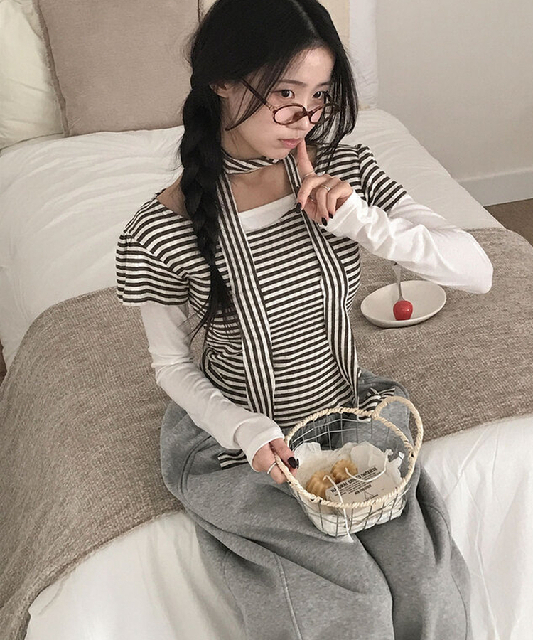 렌즈 스트라이프 펀칭 퍼프소매 반팔 티셔츠 타이 세트 브라운