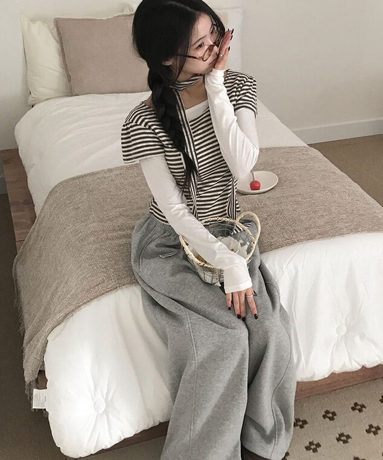 렌즈 스트라이프 펀칭 퍼프소매 반팔 티셔츠 타이 세트 브라운