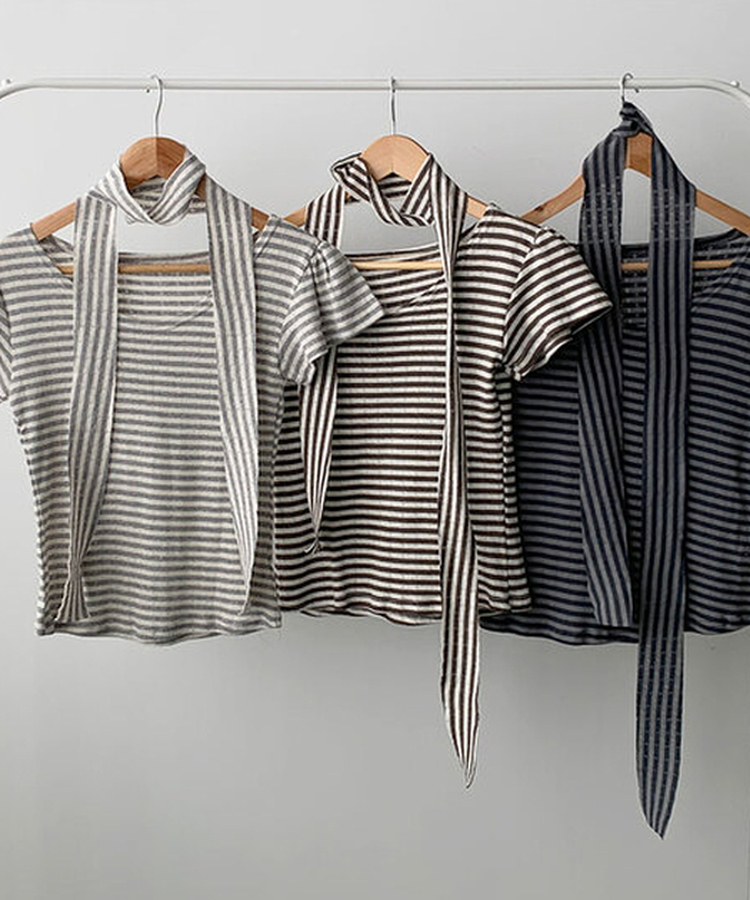 렌즈 스트라이프 펀칭 퍼프소매 반팔 티셔츠 타이 세트