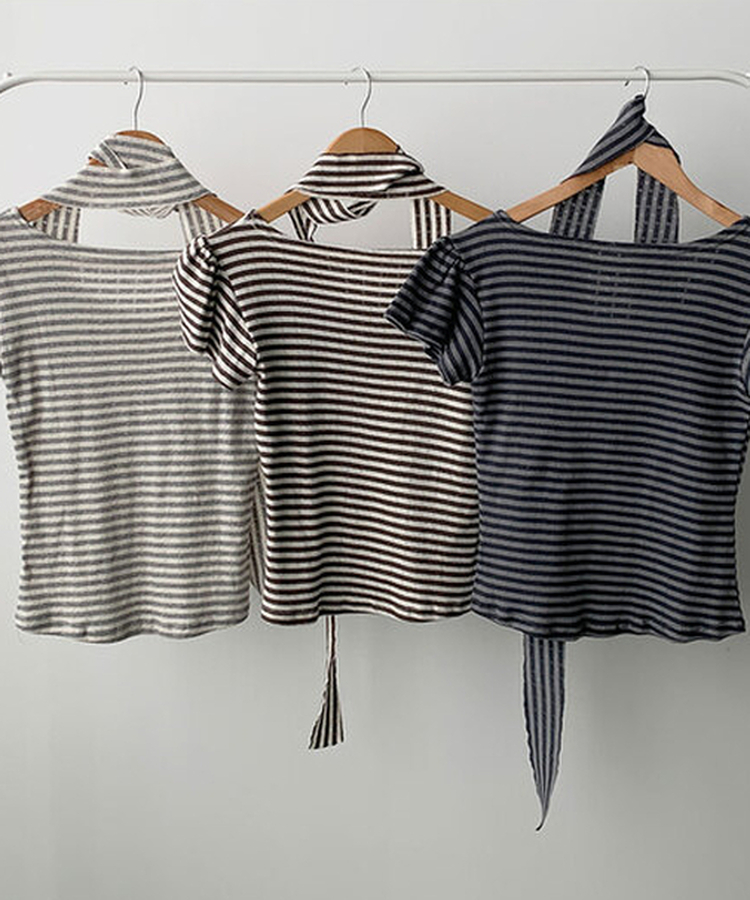 렌즈 스트라이프 펀칭 퍼프소매 반팔 티셔츠 타이 세트