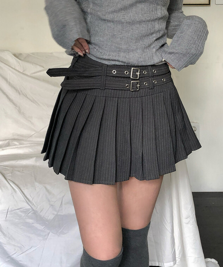 【ベルト付き】【ベルト付き】ストライプテニススカート GREY