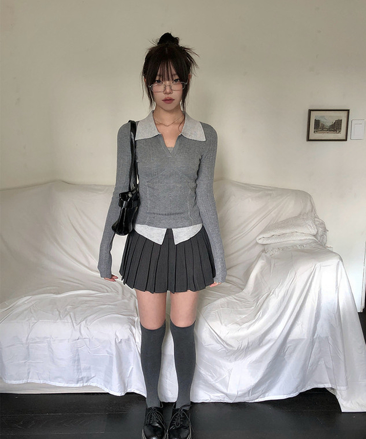 【ベルト付き】【ベルト付き】ストライプテニススカート GREY