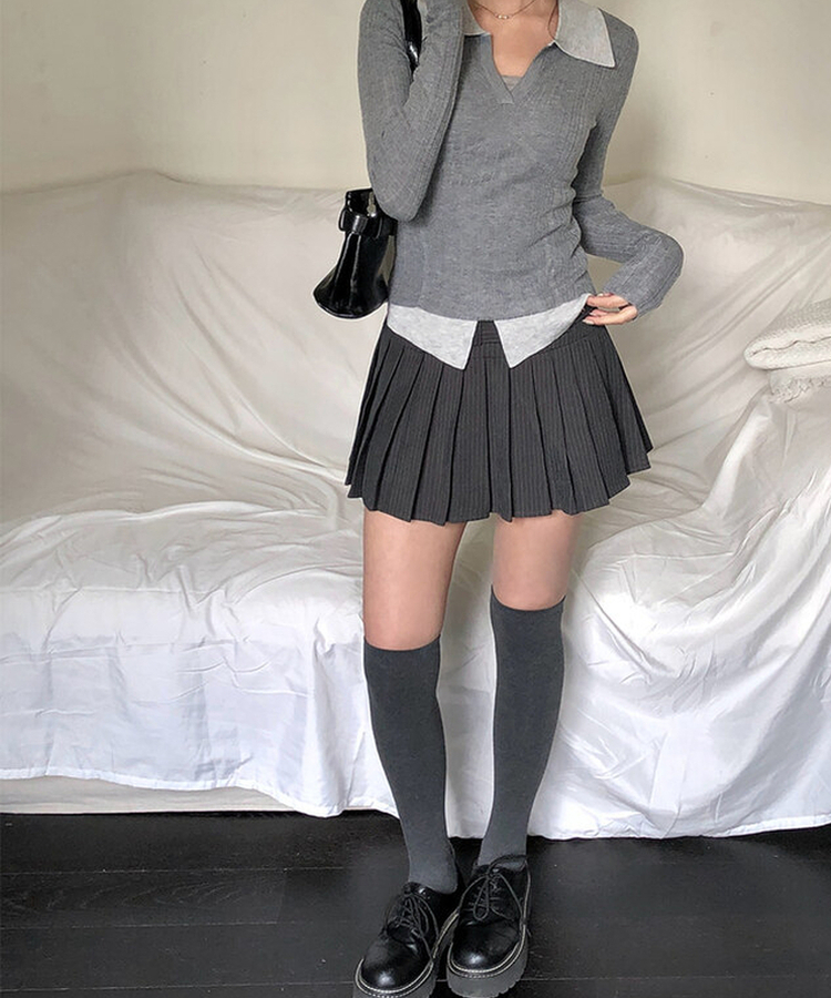 【ベルト付き】【ベルト付き】ストライプテニススカート GREY