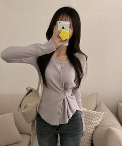 로시 언발 골지 사이드 버튼 투웨이 가디건 보라