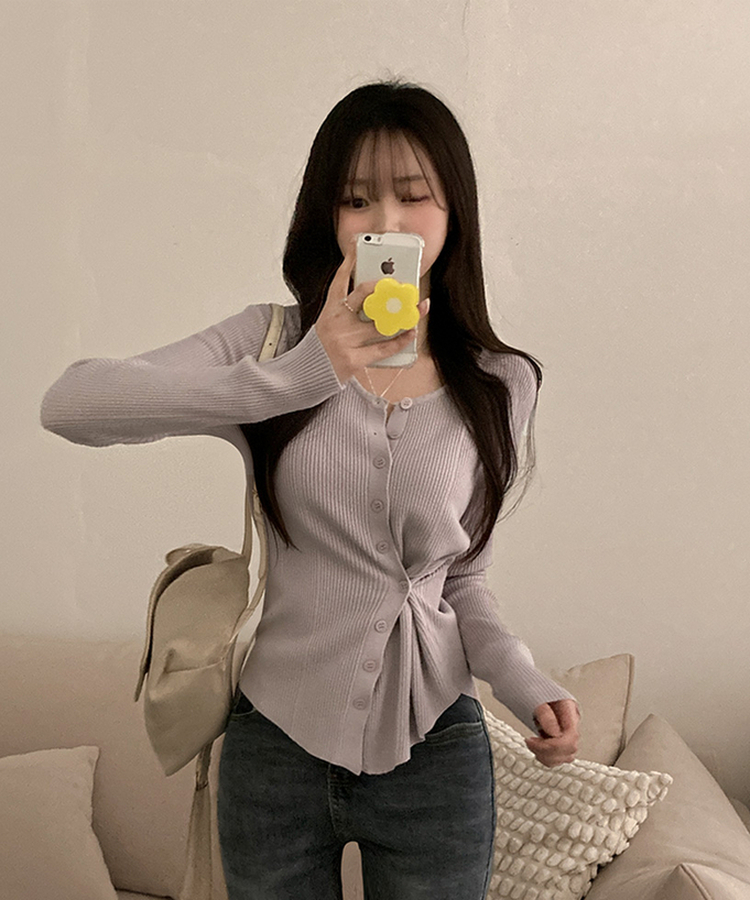 로시 언발 골지 사이드 버튼 투웨이 가디건 보라