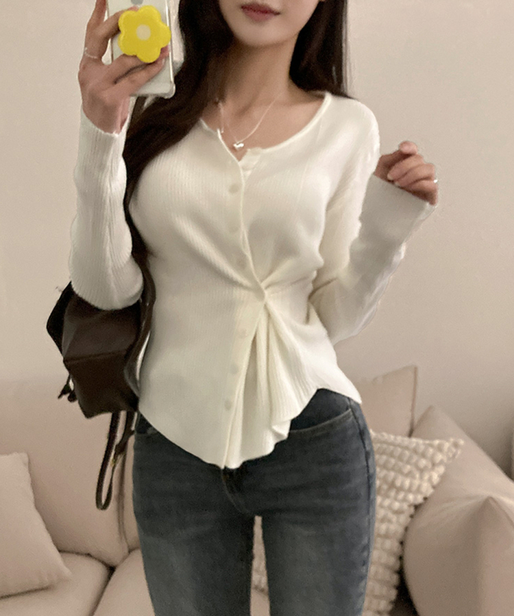 로시 언발 골지 사이드 버튼 투웨이 가디건 아이보리