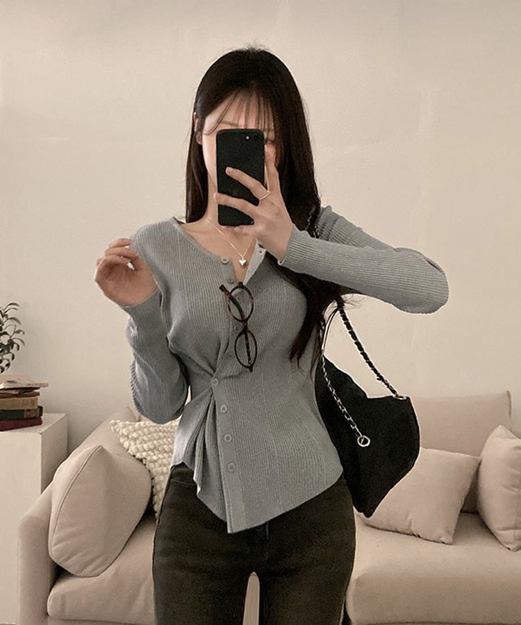 로시 언발 골지 사이드 버튼 투웨이 가디건 그레이