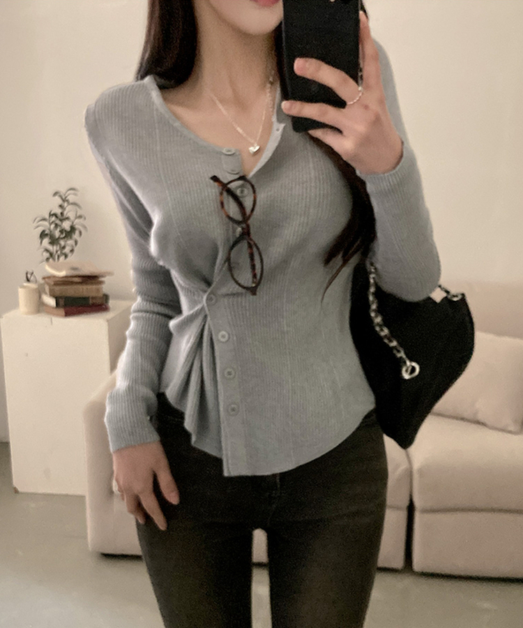 로시 언발 골지 사이드 버튼 투웨이 가디건 그레이