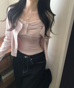 【SET】フリルレースキャミソール＋カーディガン PINK