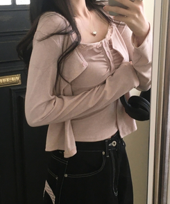 【SET】フリルレースキャミソール＋カーディガン PINK