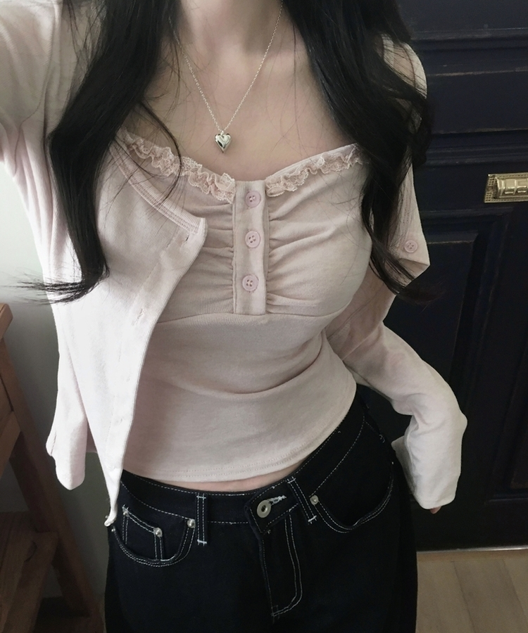 미코 프릴 레이스 나시가디건 셋업 핑크