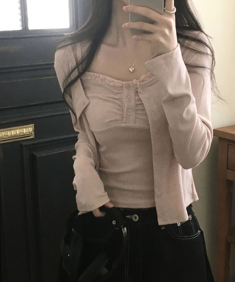 미코 프릴 레이스 나시가디건 셋업 핑크