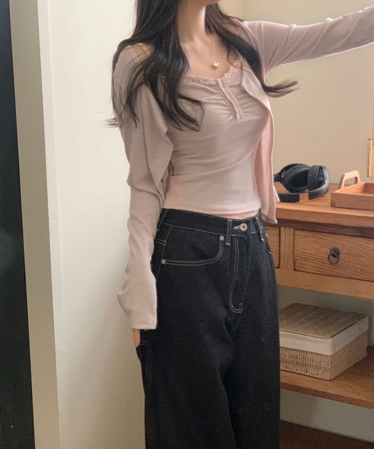 미코 프릴 레이스 나시가디건 셋업 핑크