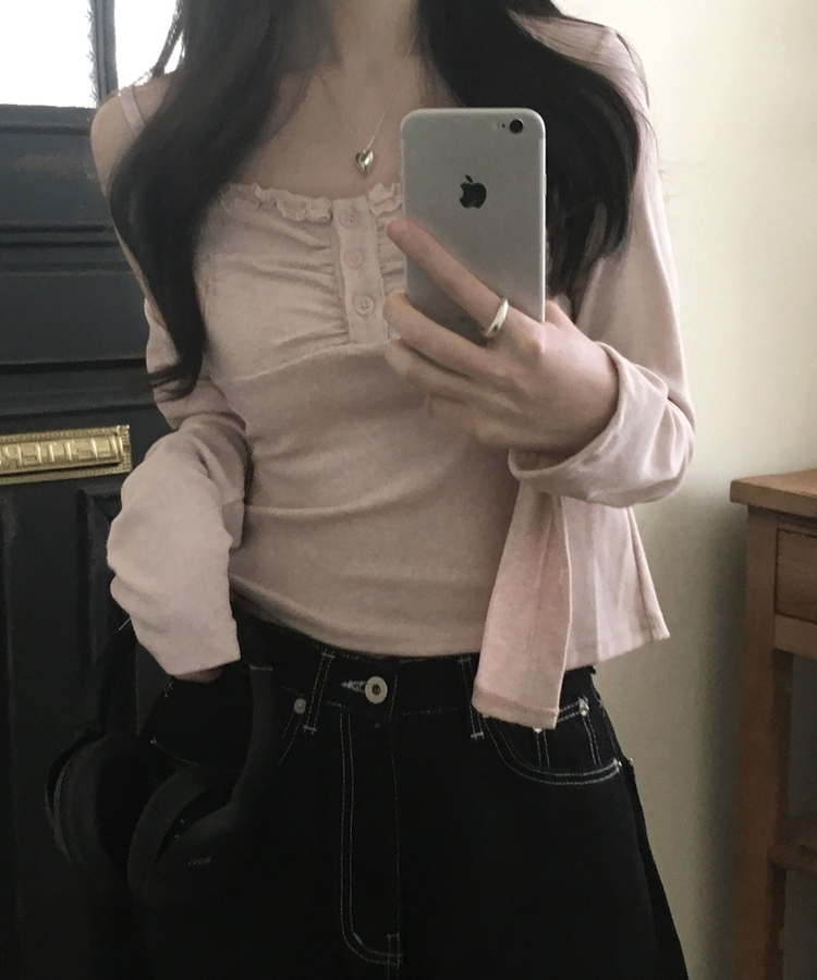 미코 프릴 레이스 나시가디건 셋업 핑크