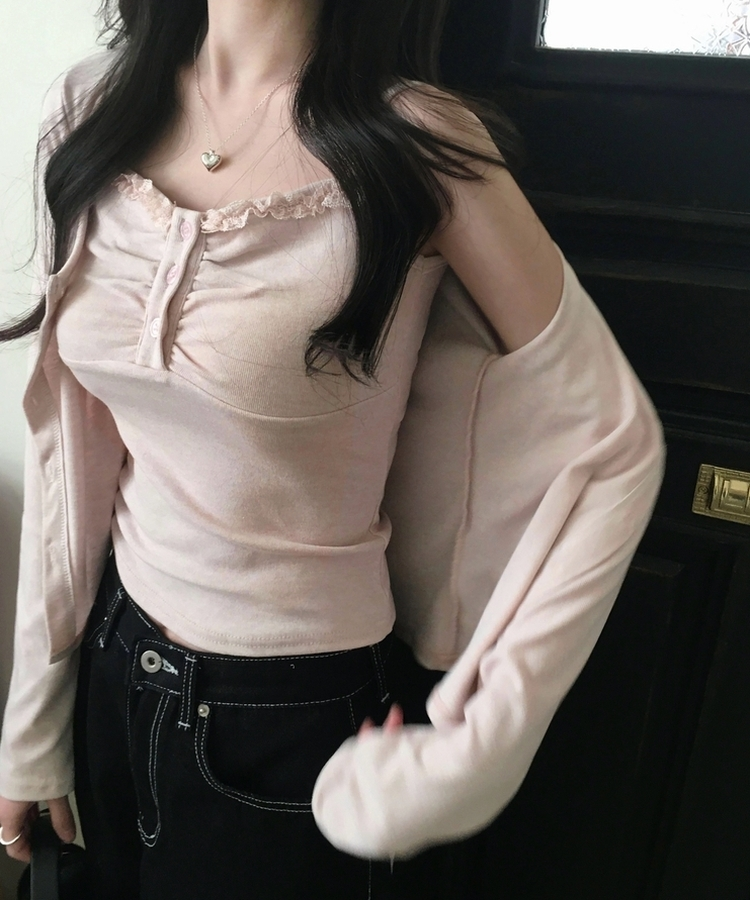 미코 프릴 레이스 나시가디건 셋업 핑크