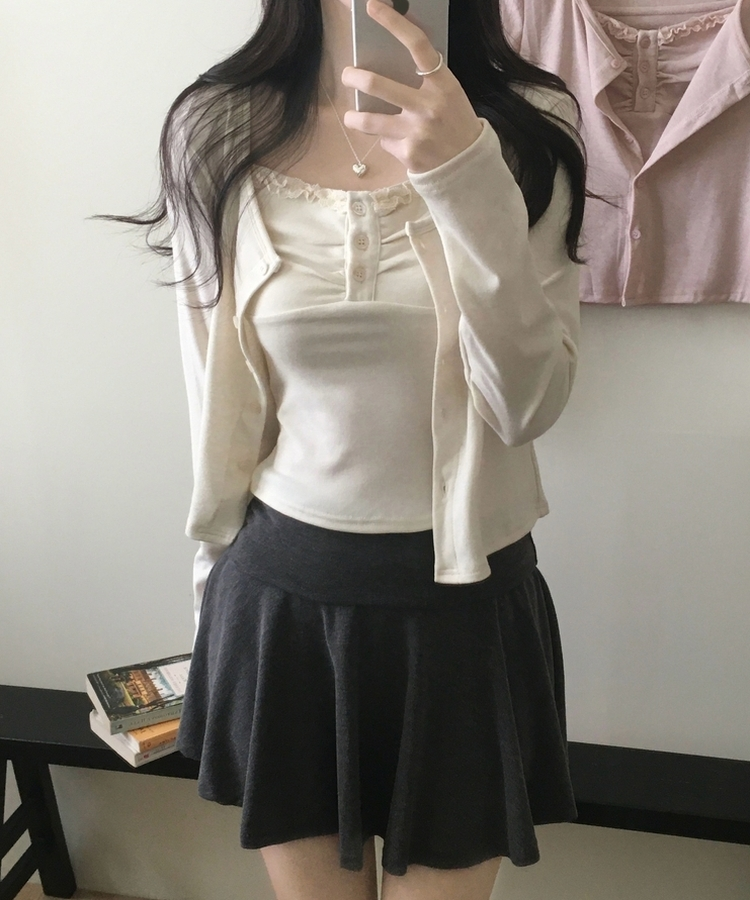 미코 프릴 레이스 나시가디건 셋업 아이보리