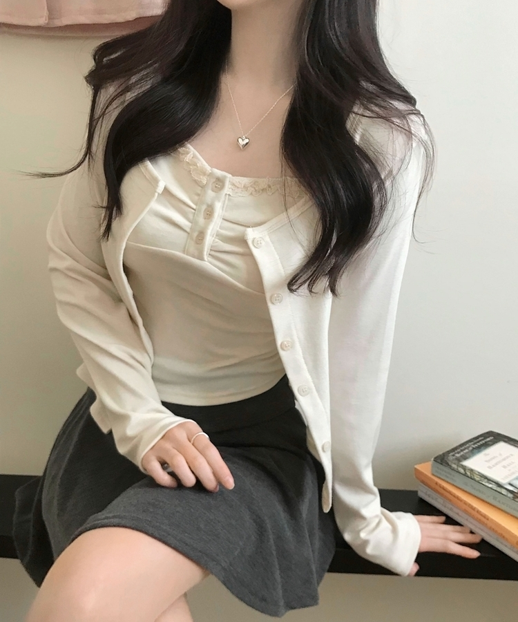 미코 프릴 레이스 나시가디건 셋업 아이보리