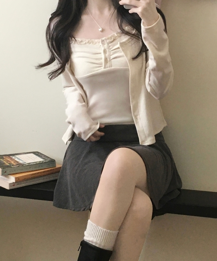 미코 프릴 레이스 나시가디건 셋업 아이보리