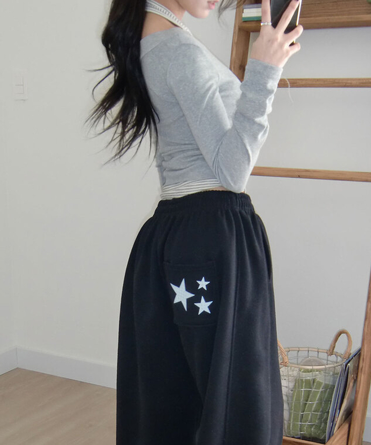 MADE 드림 프린팅 스타나염 와이드 사이드절개 밴딩 트레이닝 팬츠 블랙