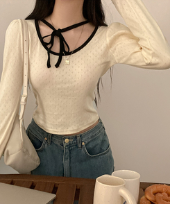 레몬솔베 아일렛 퍼프 리본 긴팔 티셔츠 크림