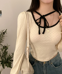 레몬솔베 아일렛 퍼프 리본 긴팔 티셔츠 크림