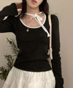 레몬솔베 아일렛 퍼프 리본 긴팔 티셔츠 블랙