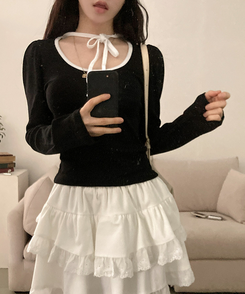 레몬솔베 아일렛 퍼프 리본 긴팔 티셔츠 블랙