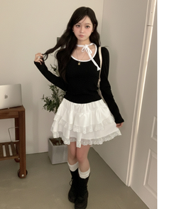 레몬솔베 아일렛 퍼프 리본 긴팔 티셔츠 블랙