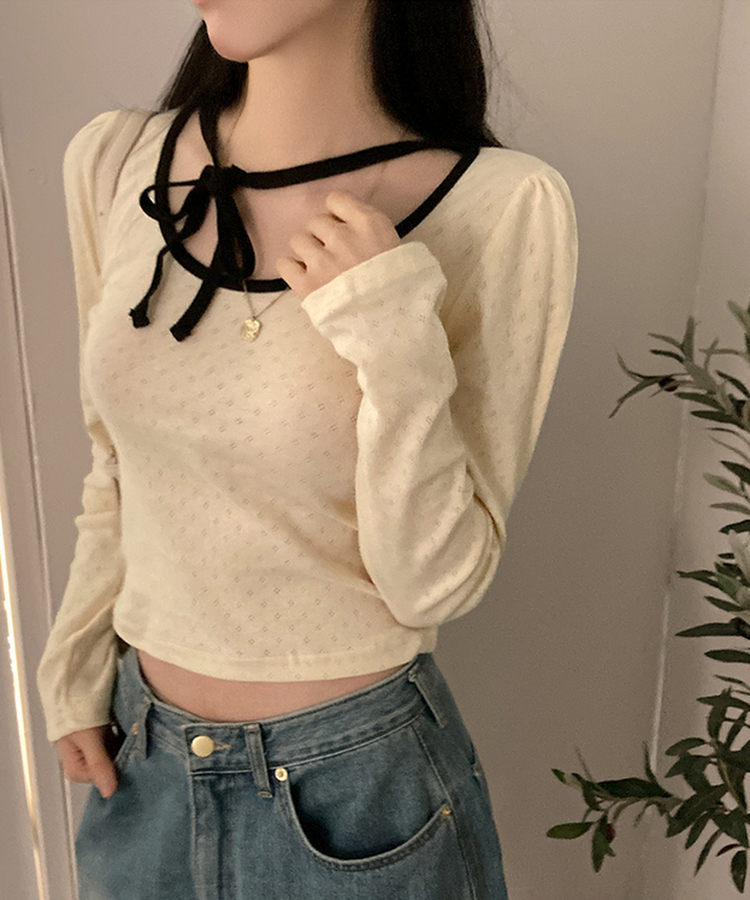 레몬솔베 아일렛 퍼프 리본 긴팔 티셔츠 크림
