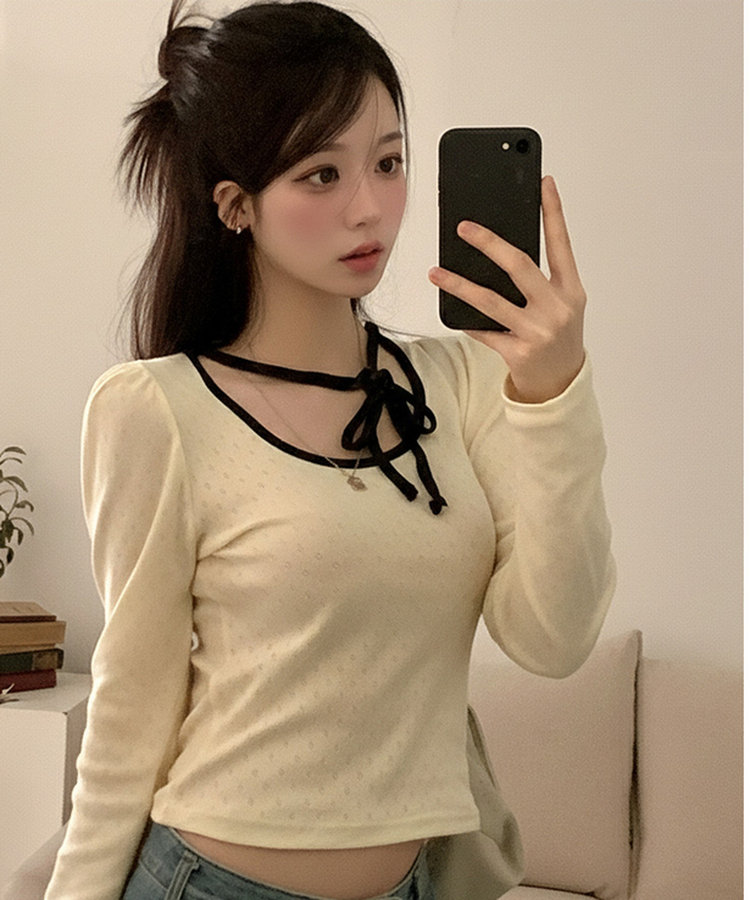 레몬솔베 아일렛 퍼프 리본 긴팔 티셔츠 크림