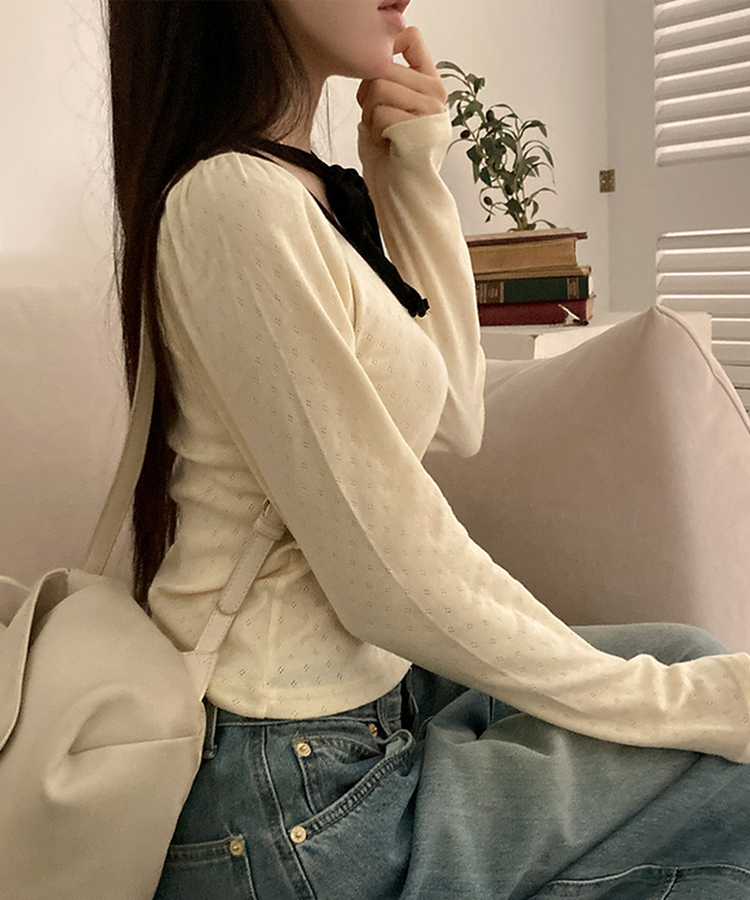 레몬솔베 아일렛 퍼프 리본 긴팔 티셔츠 크림